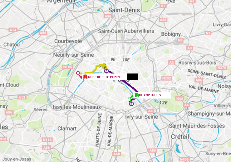 plan itinéraire ratp de Olympiades à Rue de la Pompe (Avenue Georges Mandel)