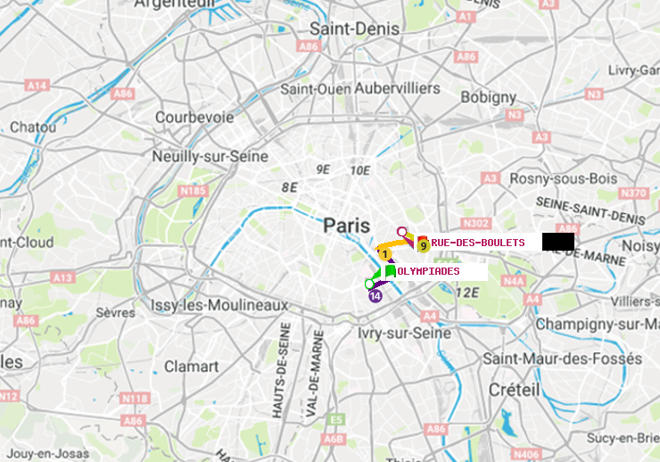 plan itinéraire ratp de Olympiades à Rue des Boulets