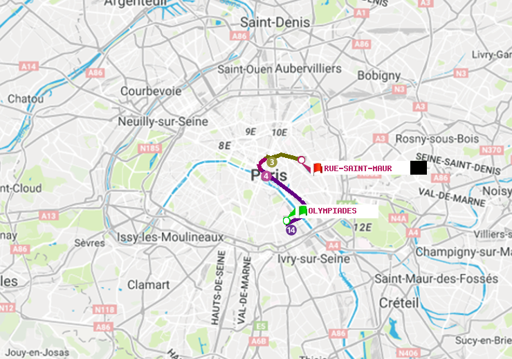 plan itinéraire ratp de Olympiades à Rue Saint-Maur