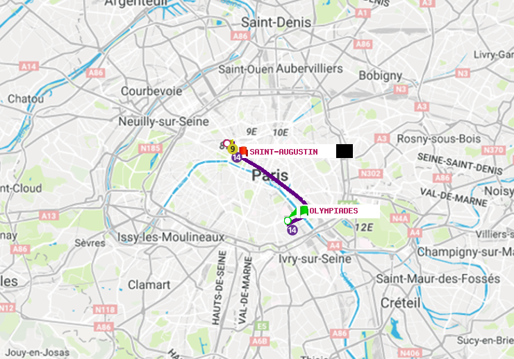 plan itinéraire ratp de Olympiades à Saint-Augustin