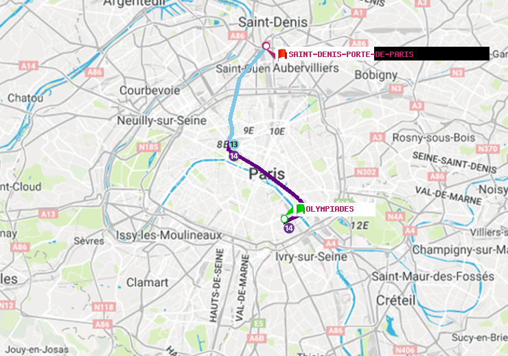 plan itinéraire ratp de Olympiades à Saint-Denis-Porte de Paris