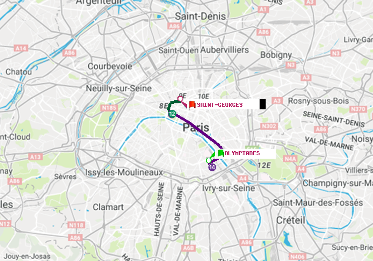 plan itinéraire ratp de Olympiades à Saint-Georges