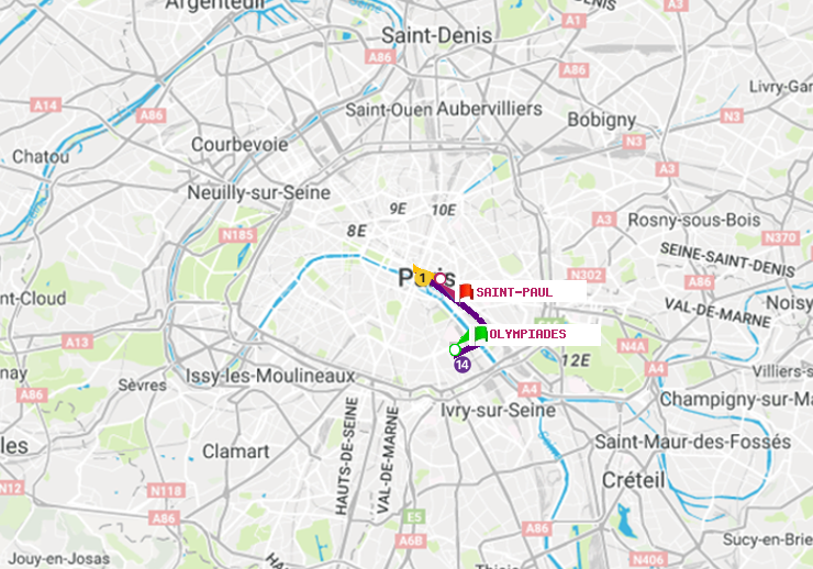 plan itinéraire ratp de Olympiades à Saint-Paul (Le Marais)