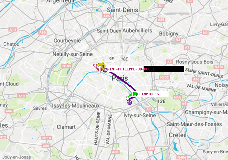 plan itinéraire ratp de Olympiades à Saint-Philippe du Roule