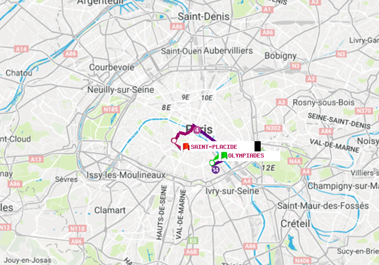 plan itinéraire ratp de Olympiades à Saint-Placide