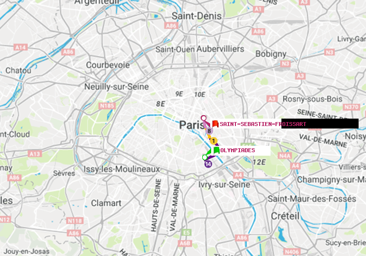 plan itinéraire ratp de Olympiades à Saint-Sébastien-Froissart
