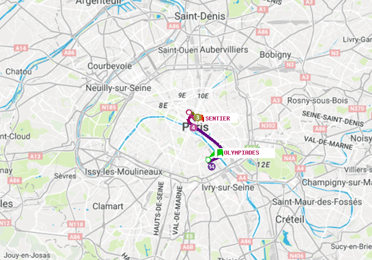 plan itinéraire ratp de Olympiades à Sentier