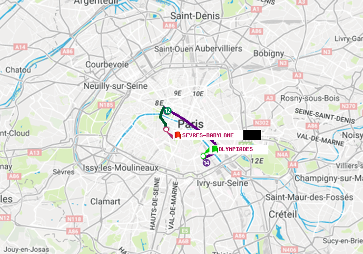 plan itinéraire ratp de Olympiades à Sèvres-Babylone