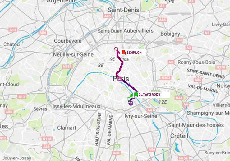 plan itinéraire ratp de Olympiades à Simplon