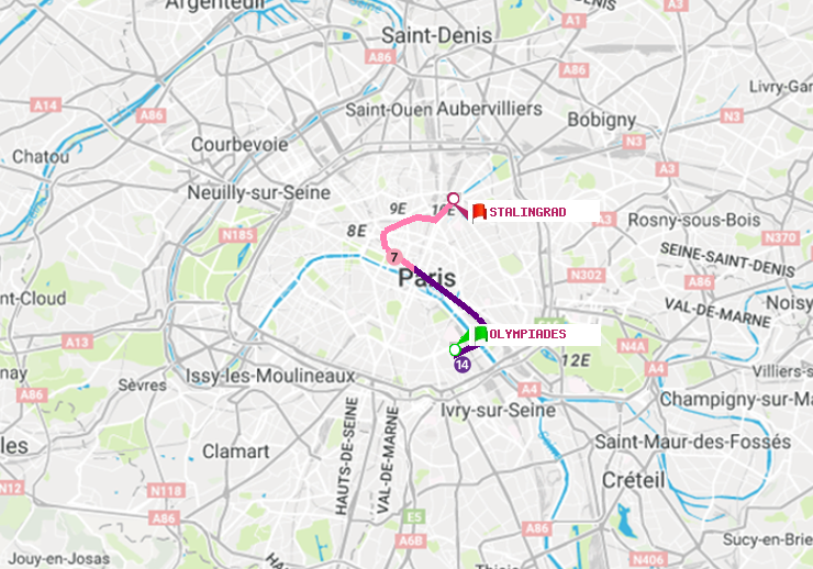 plan itinéraire ratp de Olympiades à Stalingrad