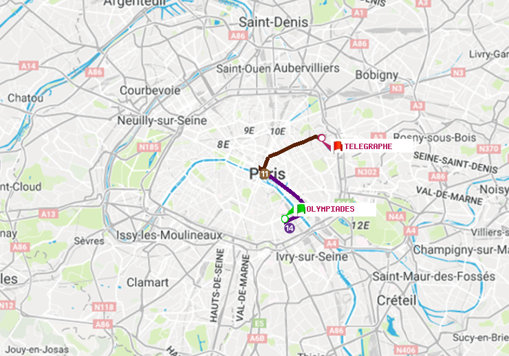 plan itinéraire ratp de Olympiades à Telegraphe