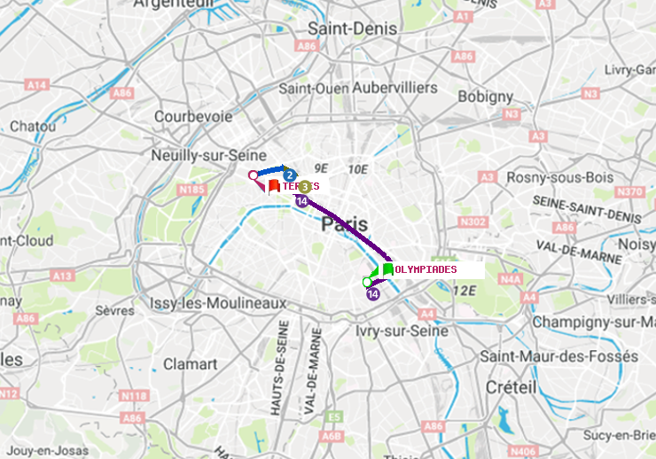 plan itinéraire ratp de Olympiades à Ternes