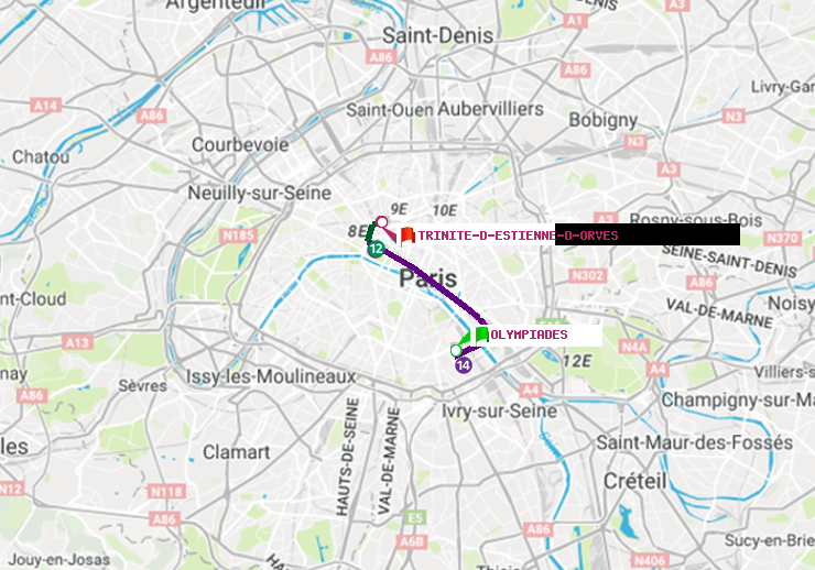 plan itinéraire ratp de Olympiades à Trinité-d