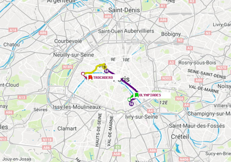 plan itinéraire ratp de Olympiades à Trocadéro