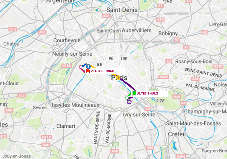 plan itinéraire ratp de Olympiades à Victor Hugo