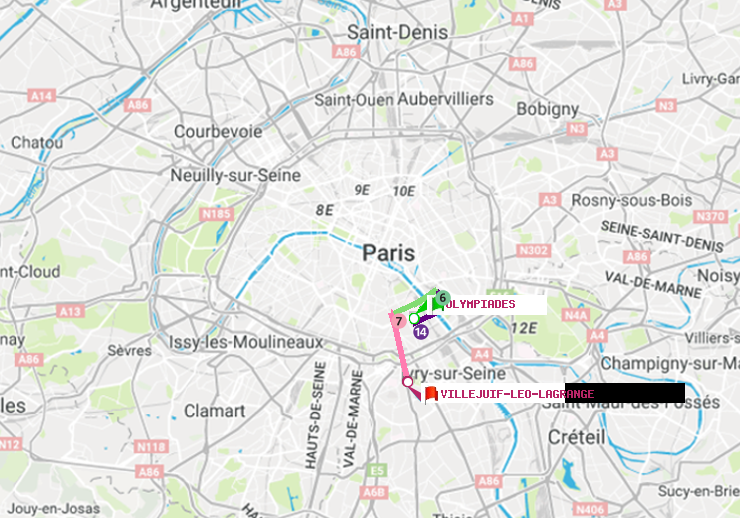 plan itinéraire ratp de Olympiades à Villejuif-Léo Lagrange