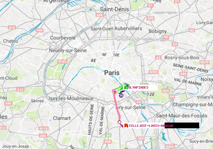 plan itinéraire ratp de Olympiades à Villejuif-Louis Aragon