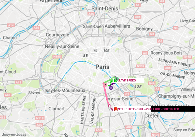 plan itinéraire ratp de Olympiades à Villejuif-Paul Vaillant Couturier (Hôpital Paul Brousse)