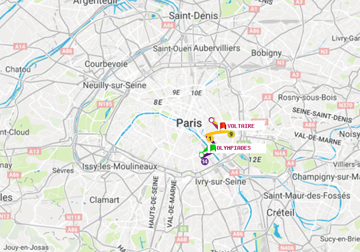plan itinéraire ratp de Olympiades à Voltaire (Léon Blum)
