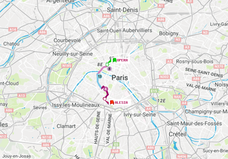 plan itinéraire ratp de Opéra à Alésia