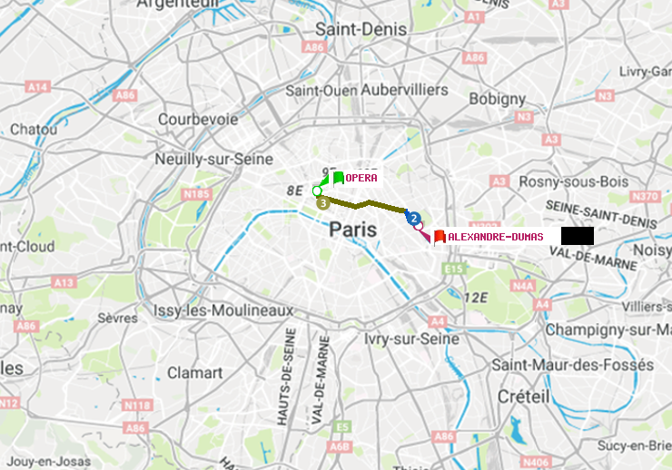 plan itinéraire ratp de Opéra à Alexandre-Dumas