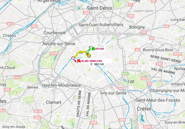 plan itinéraire ratp de Opéra à Alma-Marceau