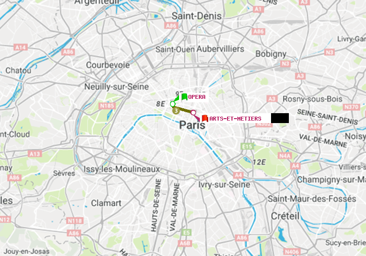 plan itinéraire ratp de Opéra à Arts-et-Métiers