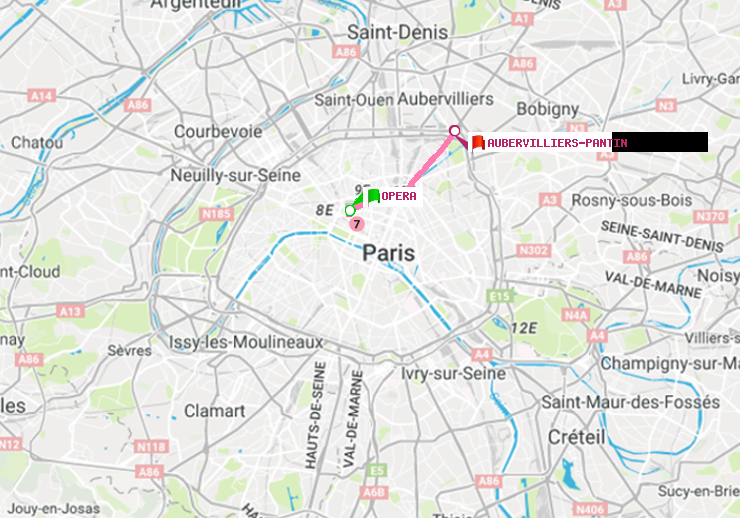 plan itinéraire ratp de Opéra à Aubervilliers Pantin (4 Chemins)