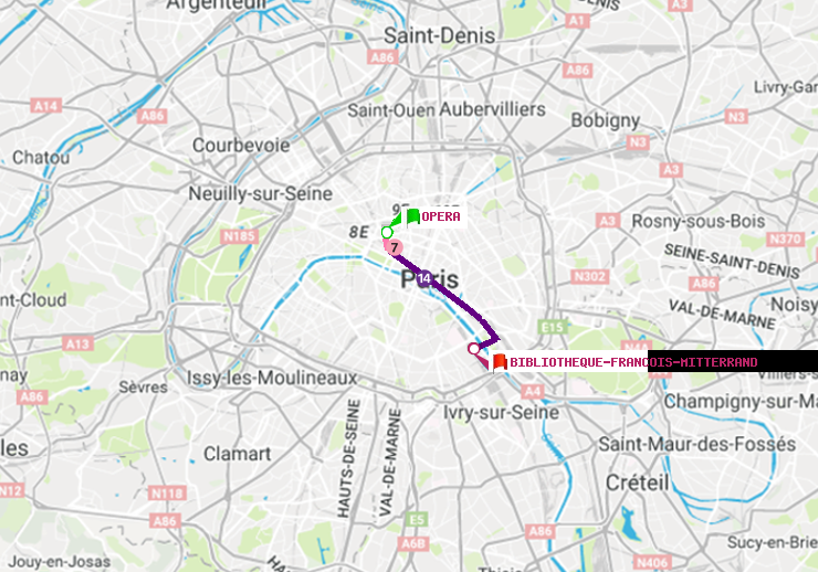 plan itinéraire ratp de Opéra à Bibliotheque-Francois Mitterrand