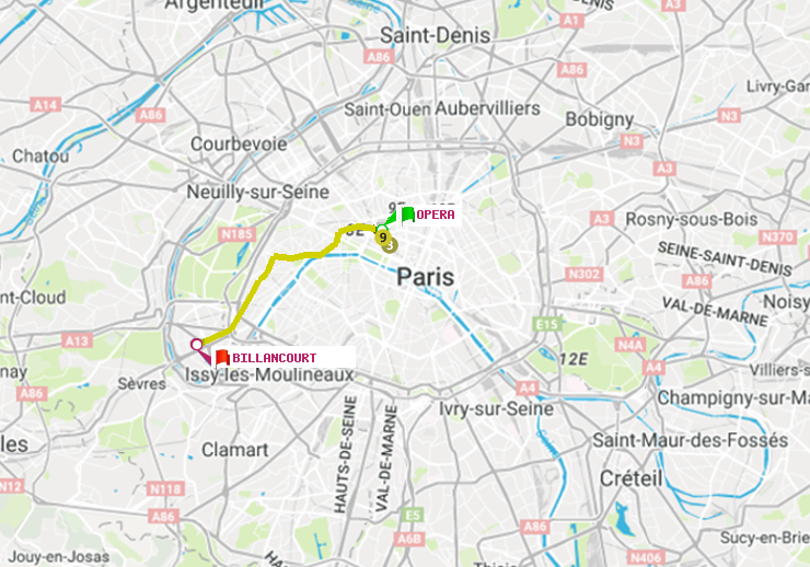 plan itinéraire ratp de Opéra à Billancourt