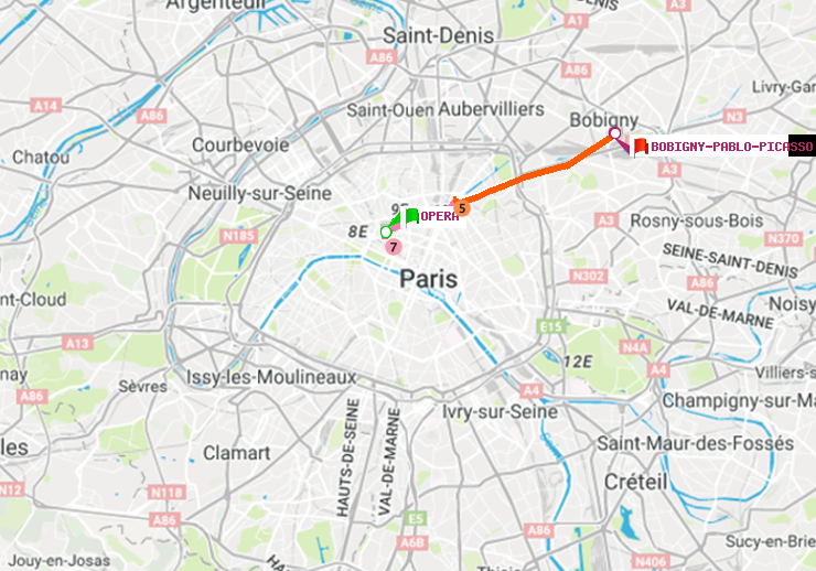 plan itinéraire ratp de Opéra à Bobigny-Pablo-Picasso