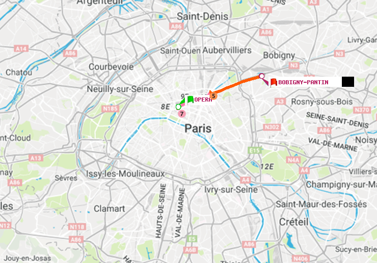 plan itinéraire ratp de Opéra à Bobigny-Pantin (Raymond Queneau)