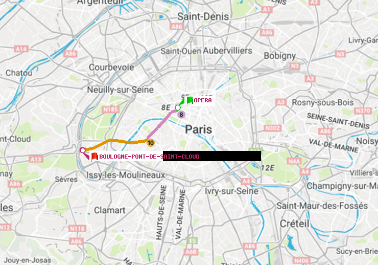 plan itinéraire ratp de Opéra à Boulogne Pont de Saint-Cloud