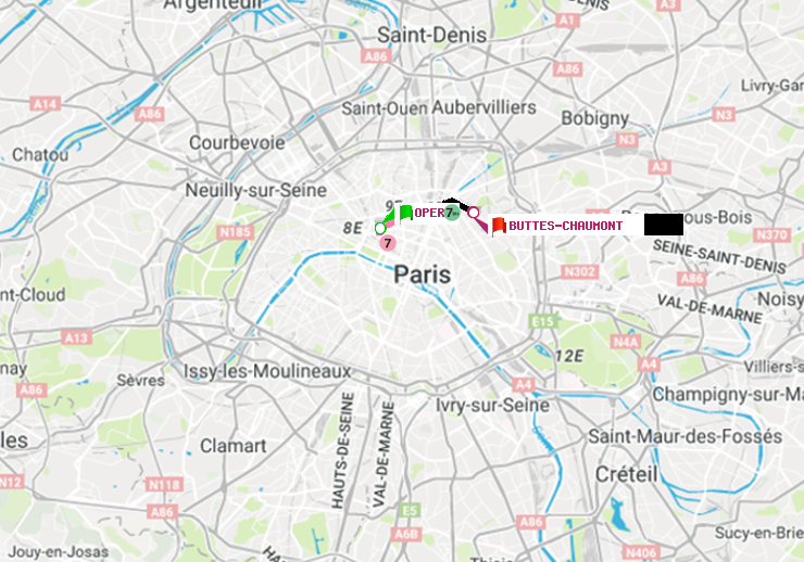 plan itinéraire ratp de Opéra à Buttes-Chaumont