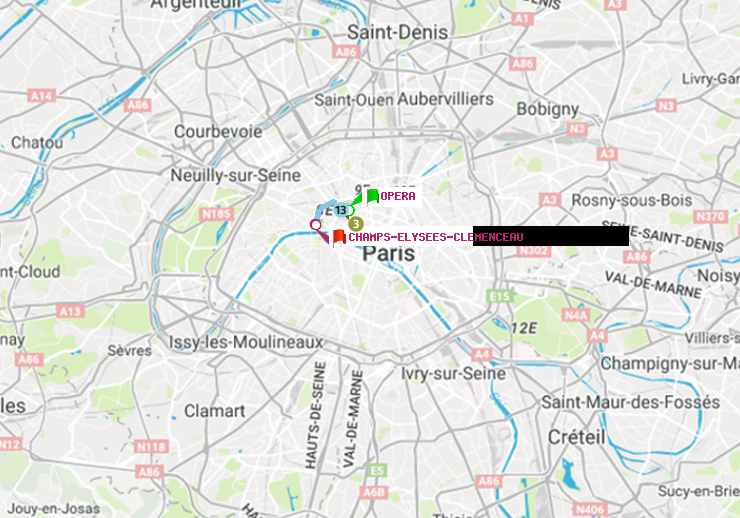 plan itinéraire ratp de Opéra à Champs-Elysées-Clémenceau