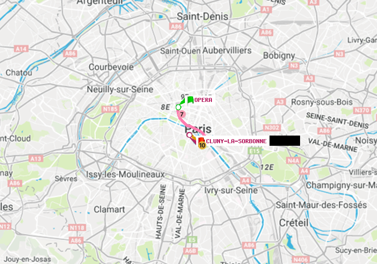 plan itinéraire ratp de Opéra à Cluny-La Sorbonne