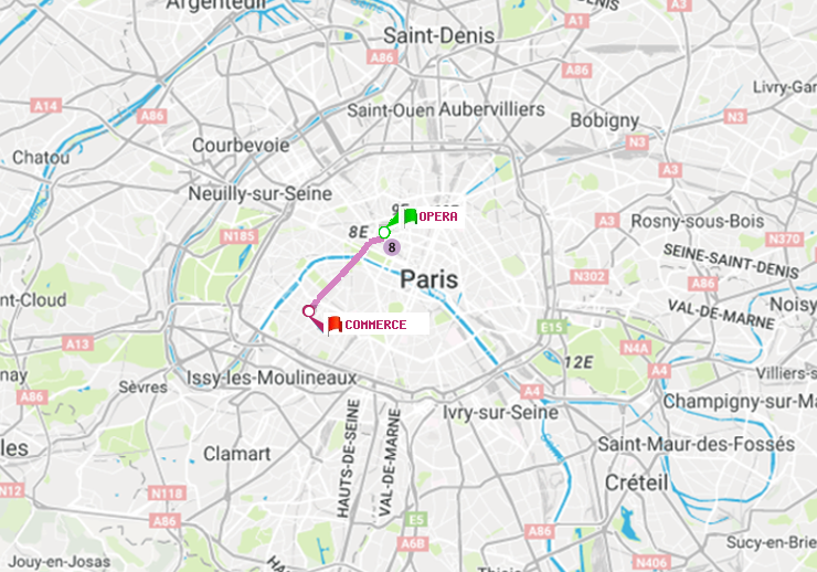 plan itinéraire ratp de Opéra à Commerce