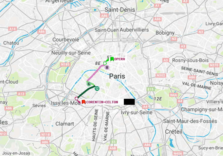 plan itinéraire ratp de Opéra à Corentin-Celton