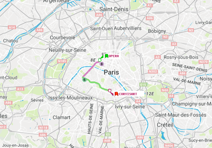 plan itinéraire ratp de Opéra à Corvisart