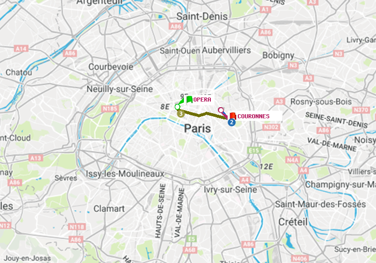 plan itinéraire ratp de Opéra à Couronnes