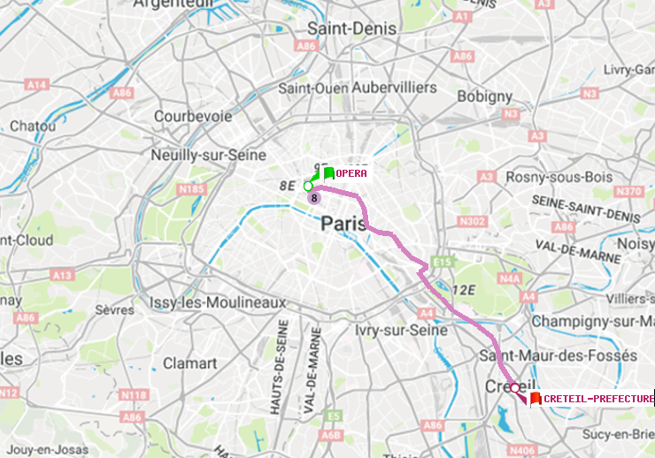 plan itinéraire ratp de Opéra à Créteil-Préfecture (Hôtel de Ville)