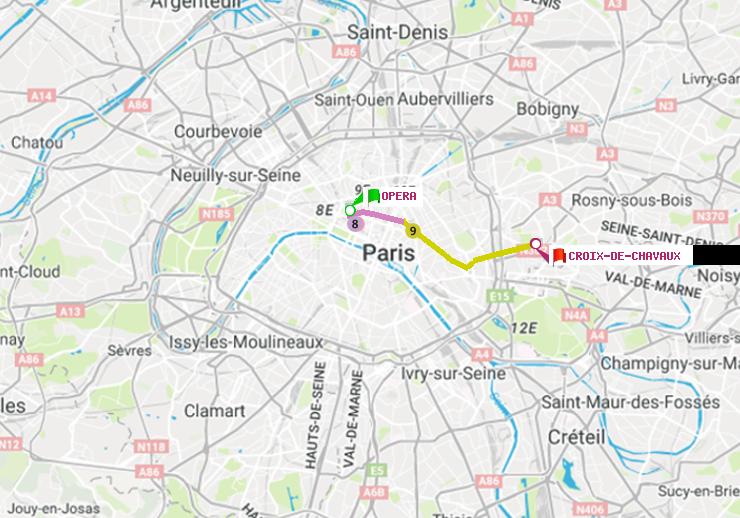 plan itinéraire ratp de Opéra à Croix-de-Chavaux (Jacques Duclos)