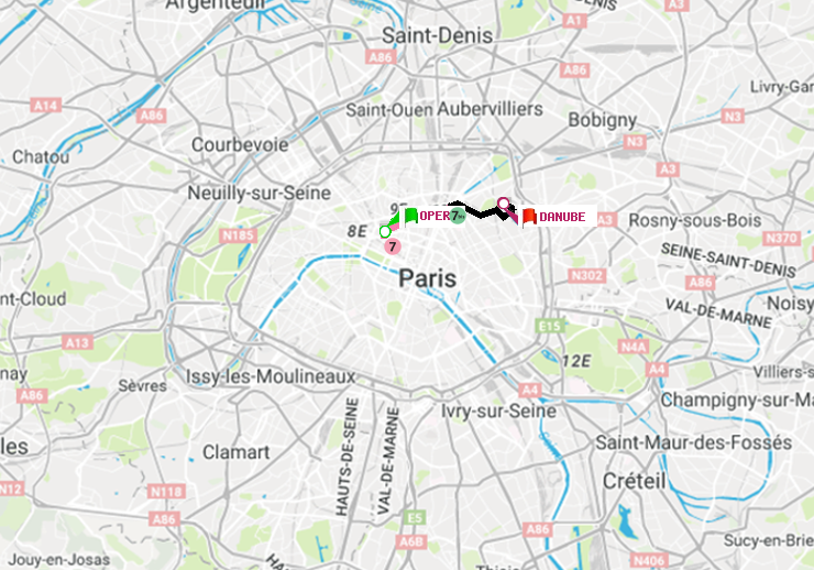 plan itinéraire ratp de Opéra à Danube