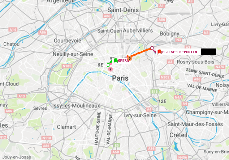 plan itinéraire ratp de Opéra à Eglise de Pantin