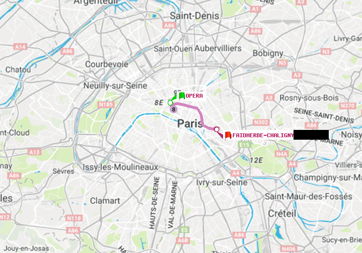 plan itinéraire ratp de Opéra à Faidherbe-Chaligny