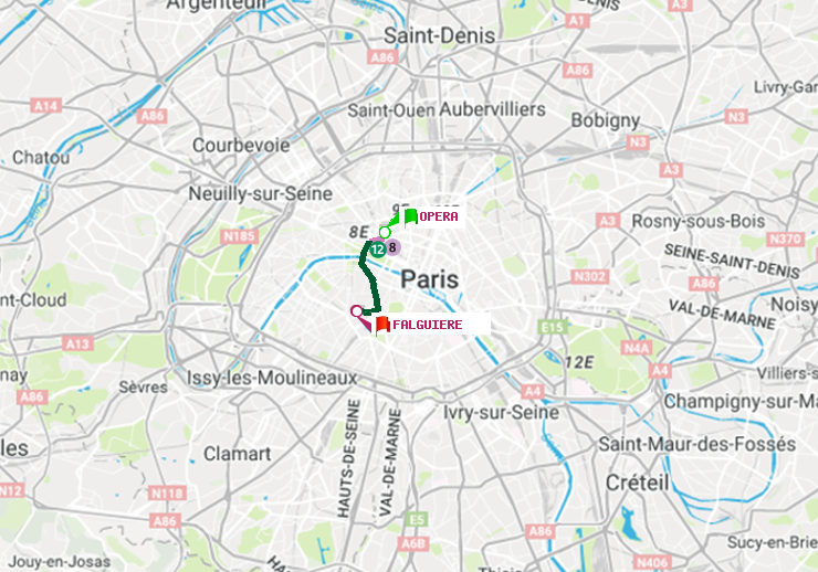 plan itinéraire ratp de Opéra à Falguière