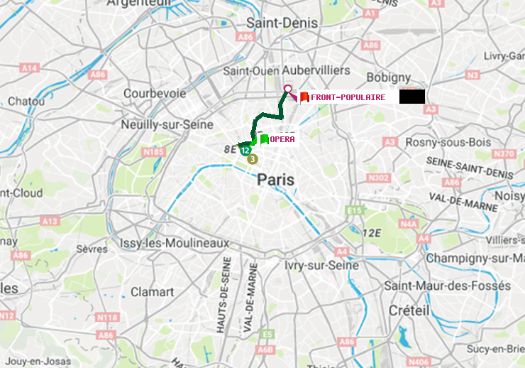 plan itinéraire ratp de Opéra à Front Populaire