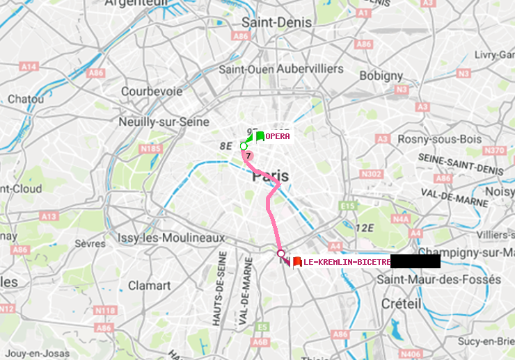 plan itinéraire ratp de Opéra à Le Kremlin-Bicêtre