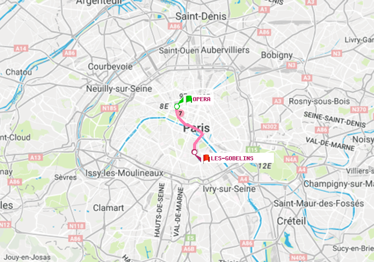 plan itinéraire ratp de Opéra à Les Gobelins