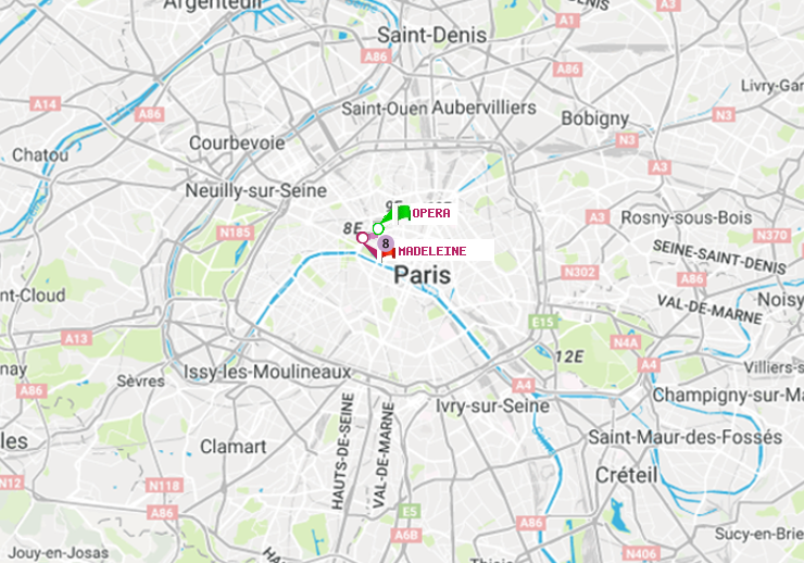plan itinéraire ratp de Opéra à Madeleine